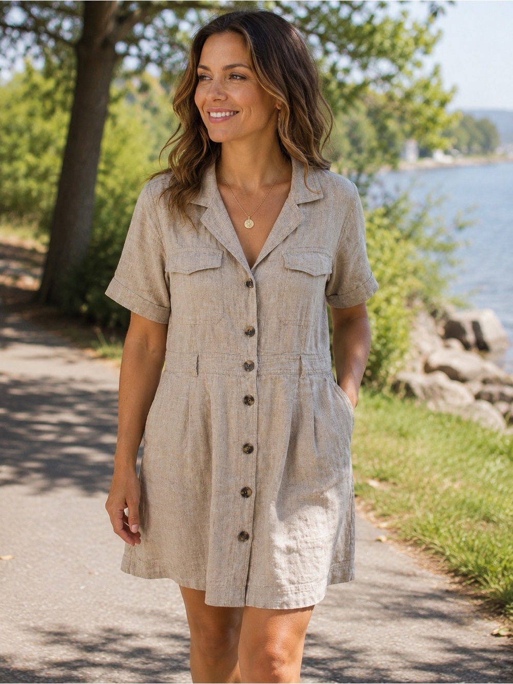 100% Linen Utility Shirt Dress Beige Button Front Pockets Resort Wear Old Money
